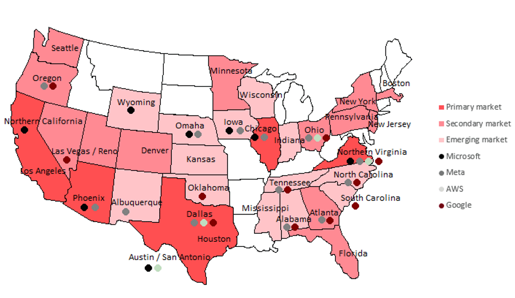 Chart 10: Primary, secondary, and emerging data centre markets and self-built hyperscaler presence (McKinsey, 2025)